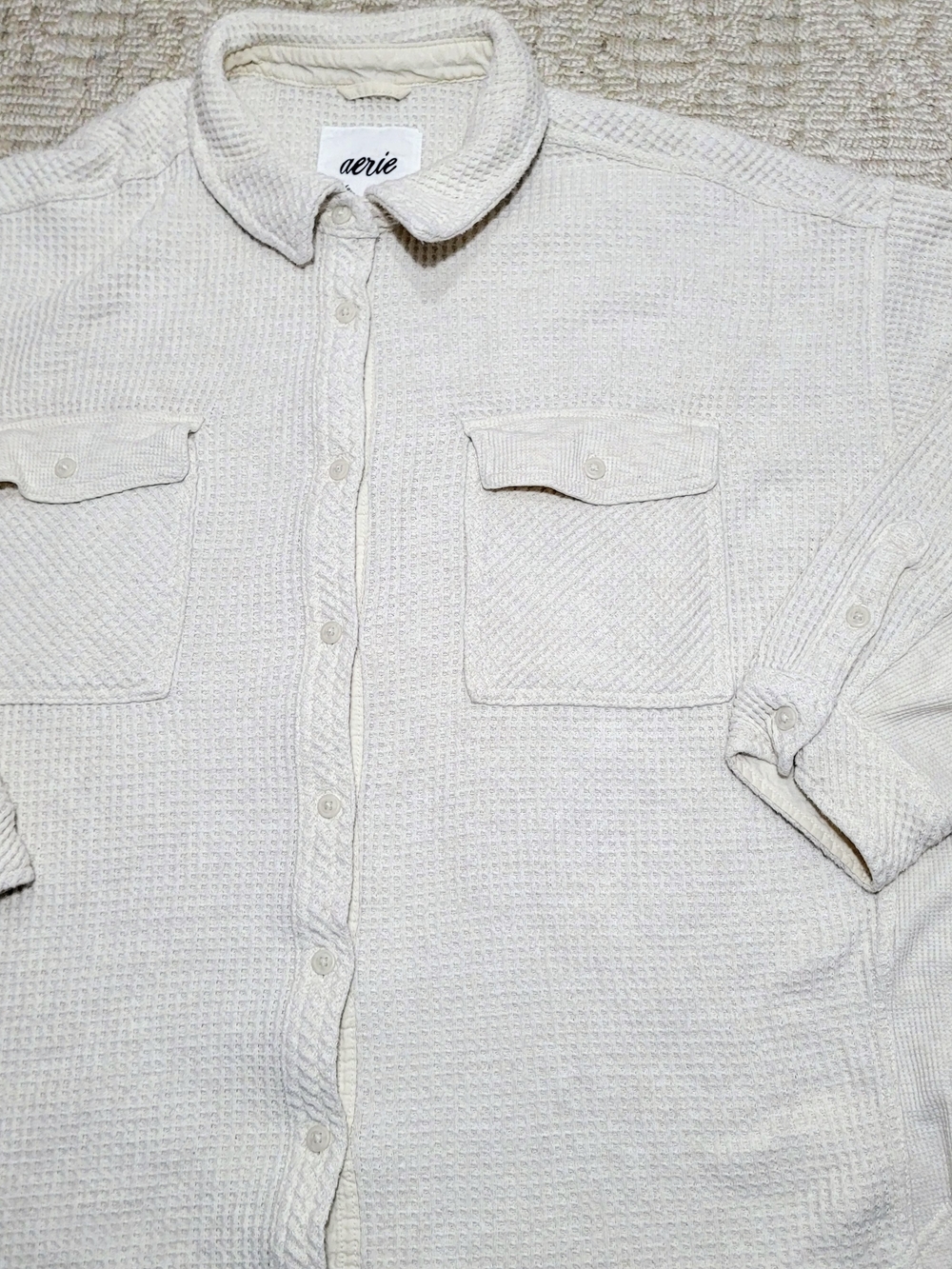 Aerie Waffle Knit Shacket Button Down Shirt Cream White Oversized XL
